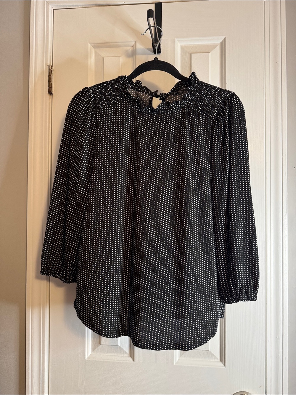 Adrianna Papell Black and White Dot-Print Ruffle Neck Blouse (R)